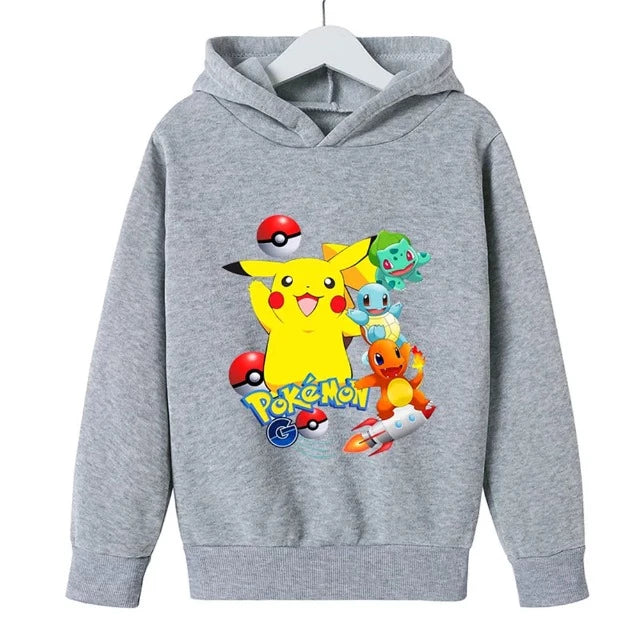 Sweat Pull à Capuche Enfant Pokemon Pikachu Bulbizarre Carapuce Salamèche Gris