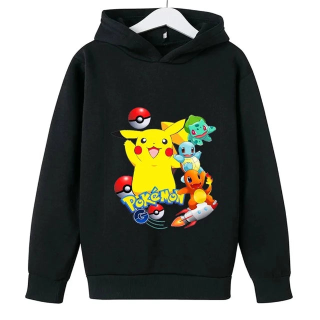 Sweat Pull à Capuche Enfant Pokemon Pikachu Bulbizarre Carapuce Salamèche Noir
