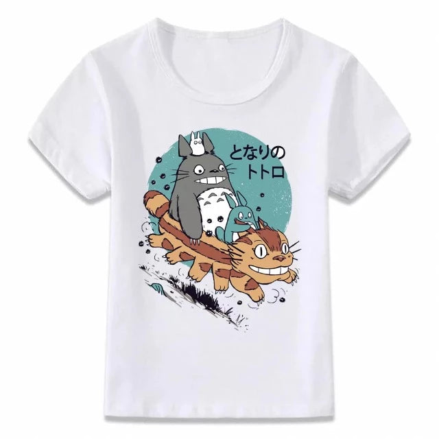 T-Shirt Enfant Totoro Chat Bus Fille et Garçon BLANC