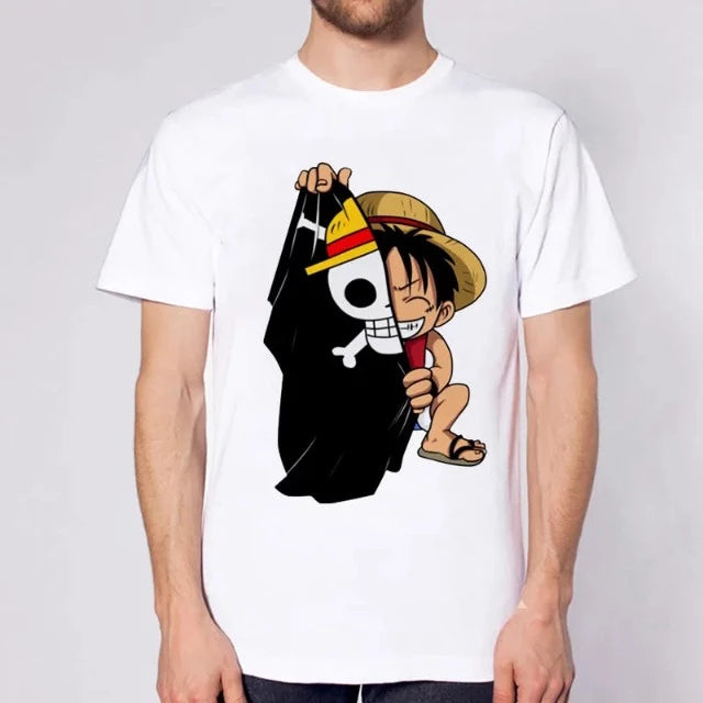 T-Shirt Maglietta One Piece Luffy Jolly Roger Bianco
