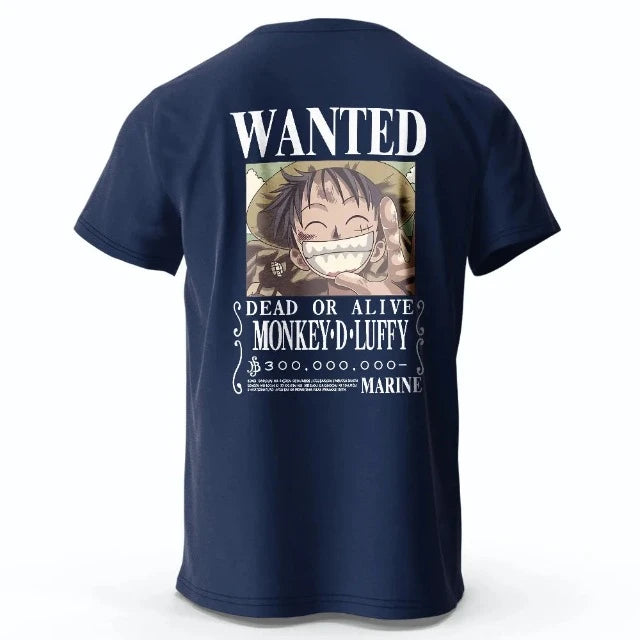T-Shirt One Piece Luffy Wanted Bleu Marine