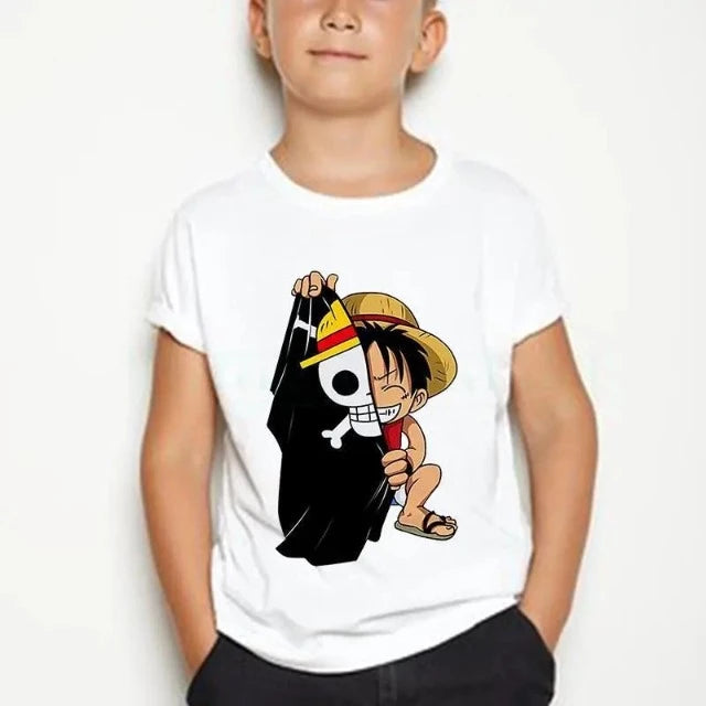 T-Shirt Enfant One Piece Luffy Jolly Roger Blanc Fille Garçon