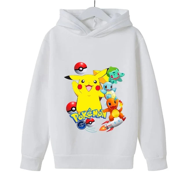 Sweat Pull à Capuche Enfant Pokemon Pikachu Bulbizarre Carapuce Salamèche Blanc