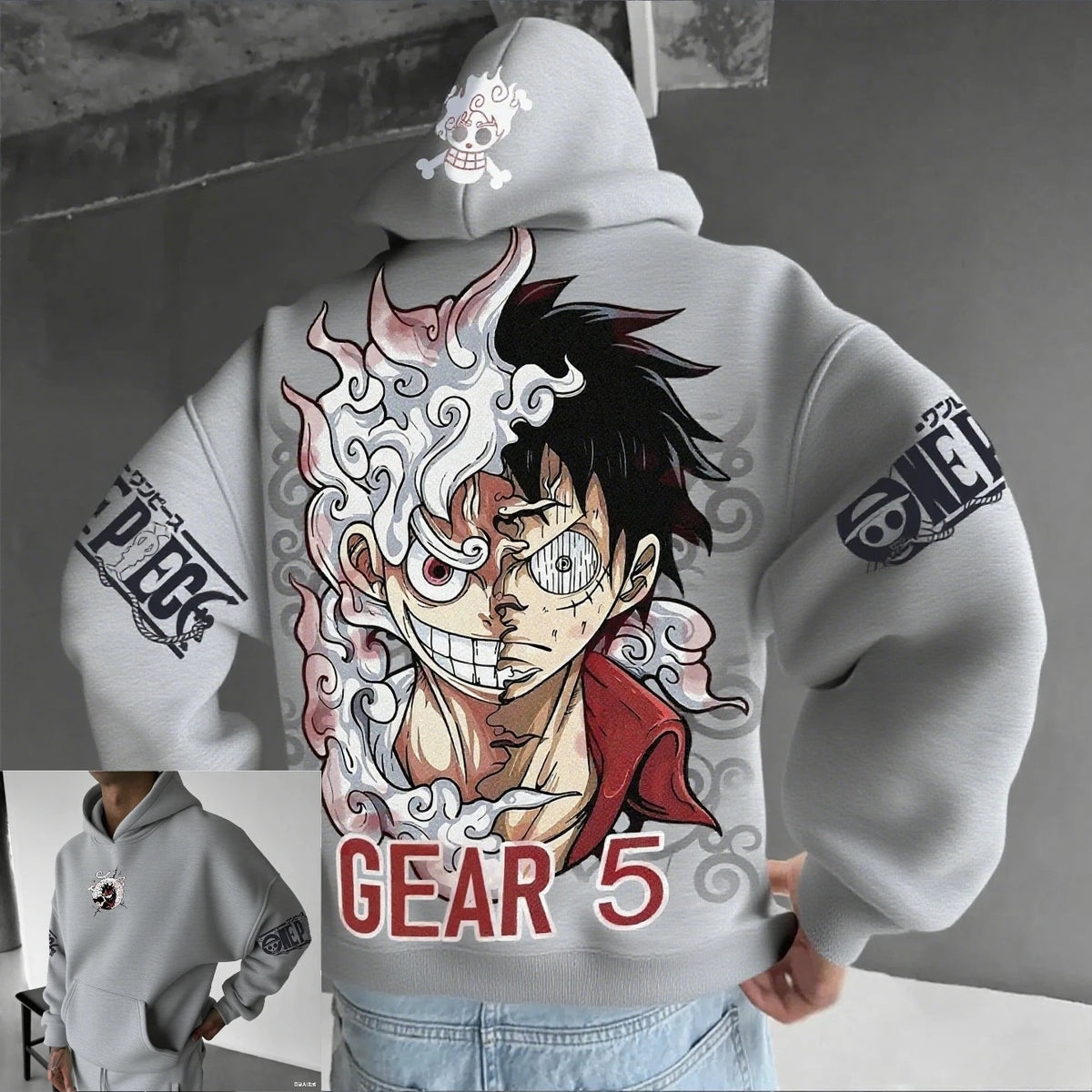Sweatshirt à Capuche Imprimé One Piece Luffy Gear 5 Gris