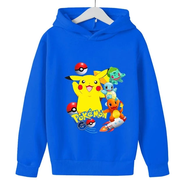Sweat Pull à Capuche Enfant Pokemon Pikachu Bulbizarre Carapuce Salamèche Bleu