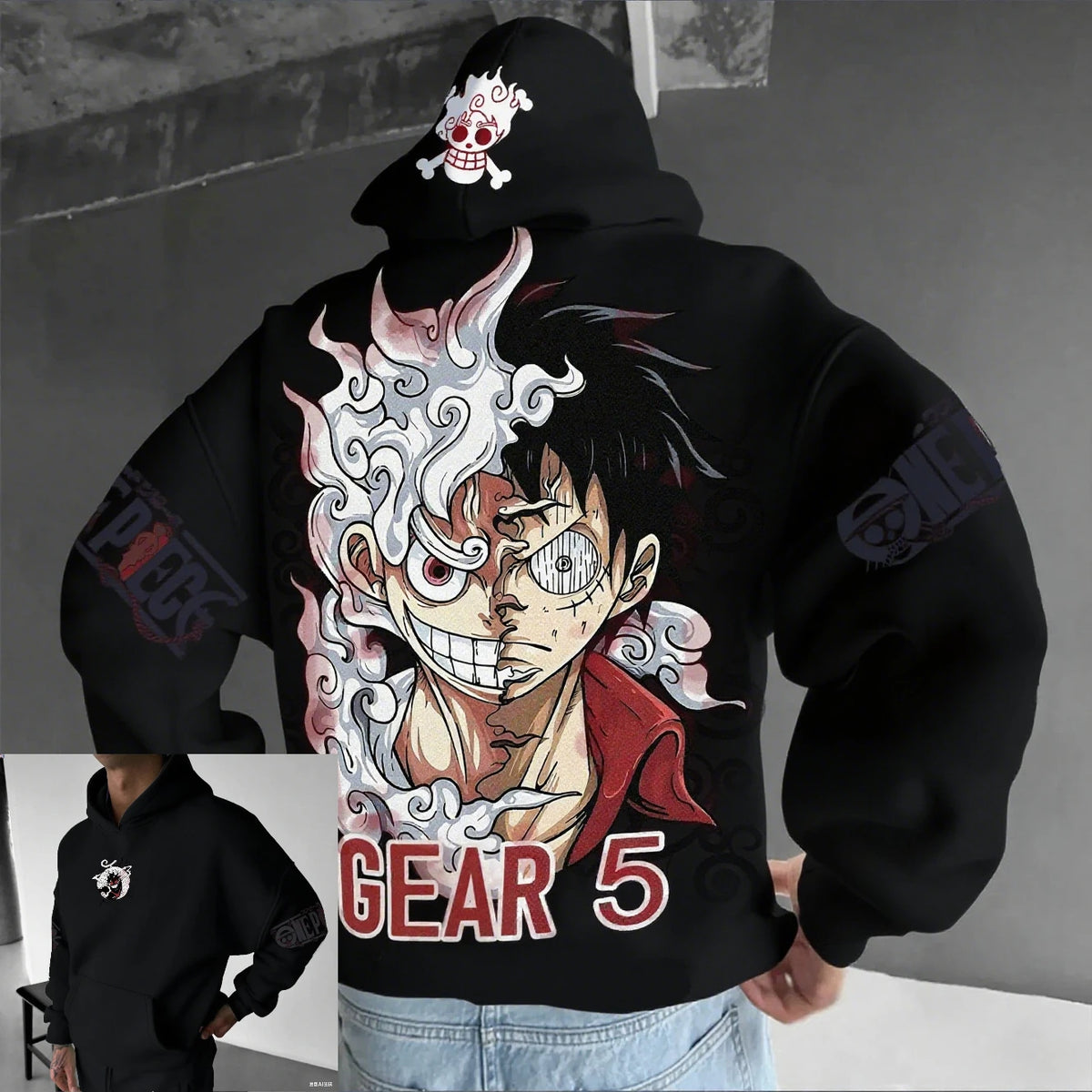 Sweatshirt à Capuche Imprimé One Piece Luffy Gear 5 Noir