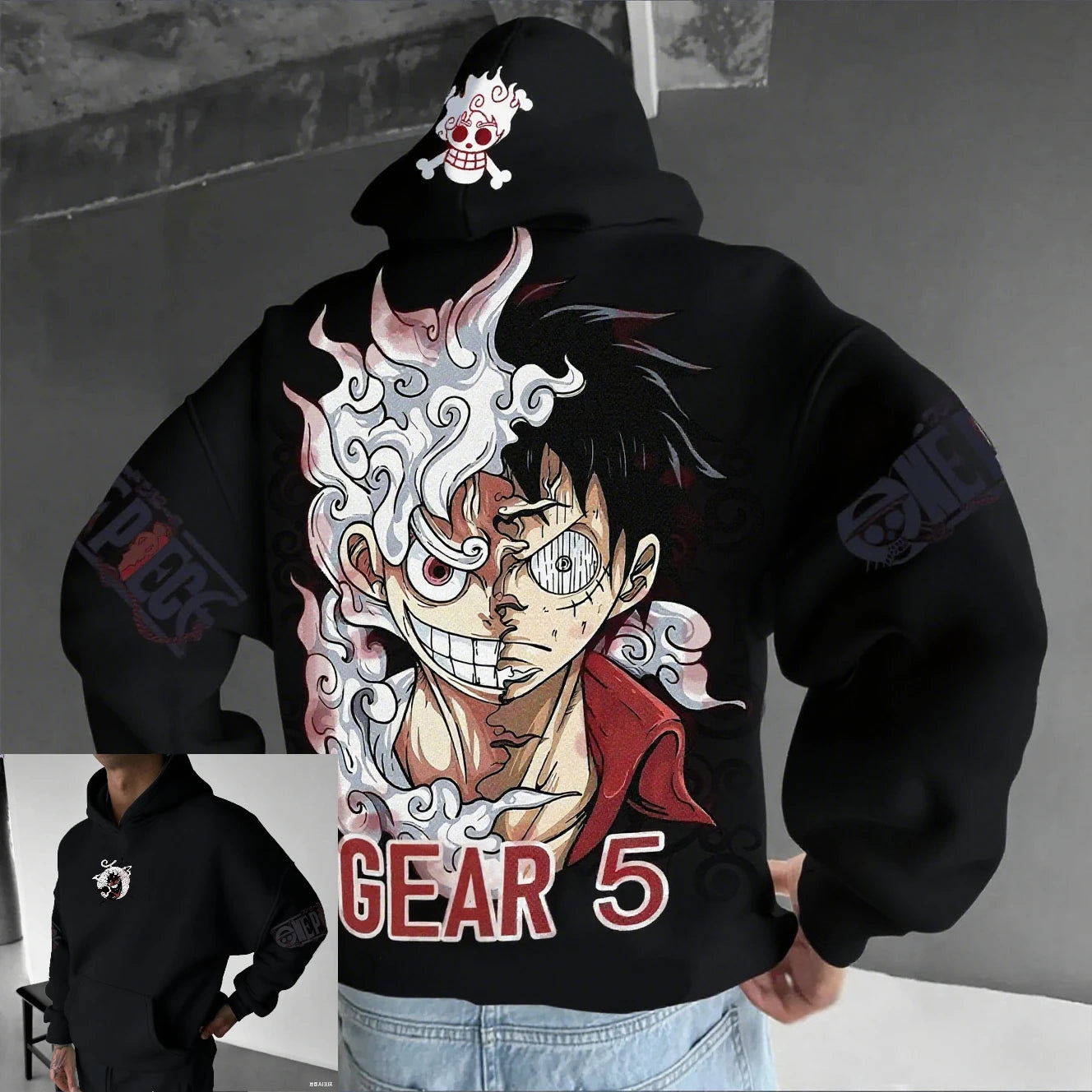 Sweatshirt à Capuche Imprimé One Piece Luffy Gear 5 Noir