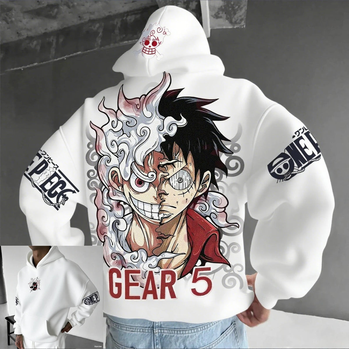 Sweatshirt à Capuche Imprimé One Piece Luffy Gear 5 Blanc