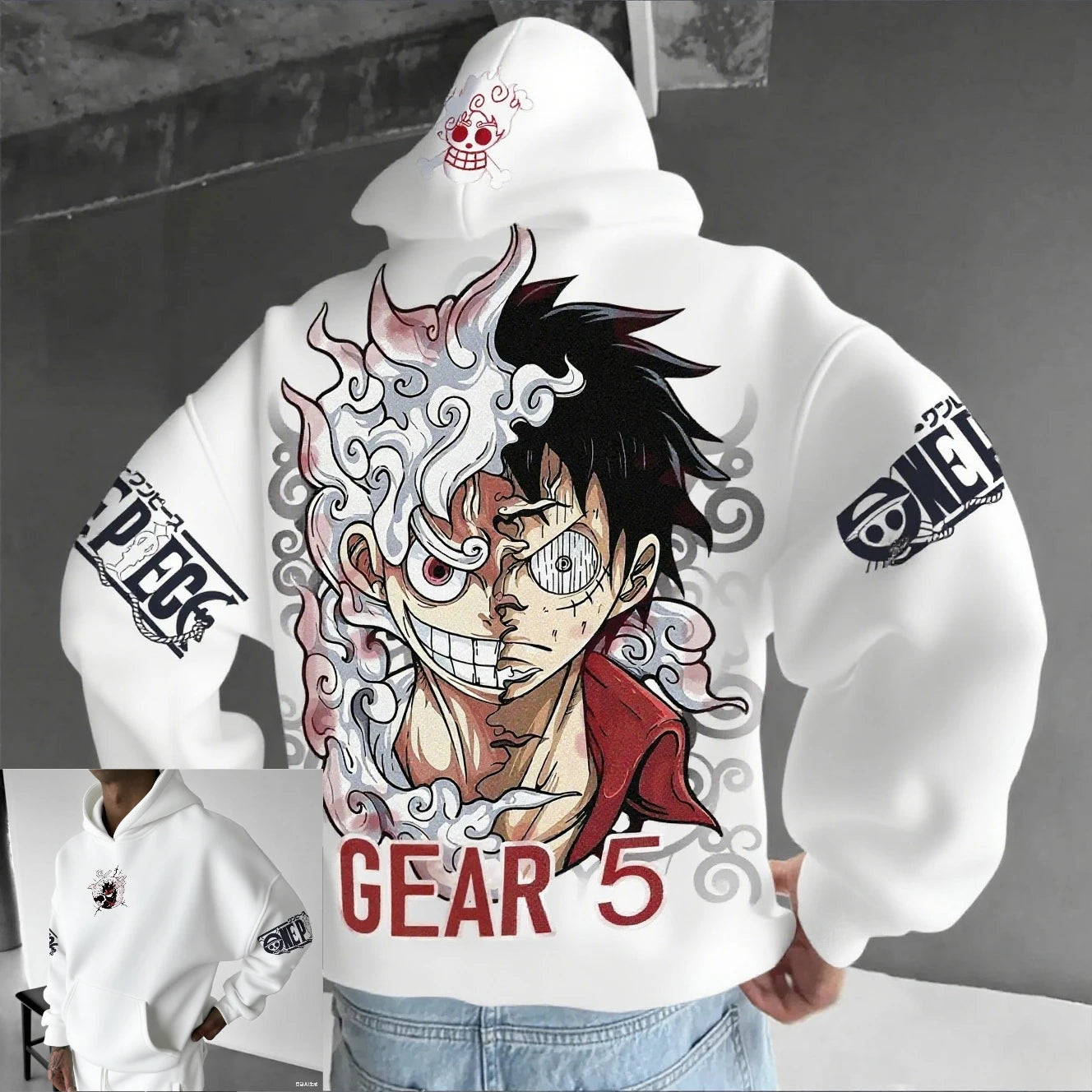 Sweatshirt à Capuche Imprimé One Piece Luffy Gear 5 Blanc