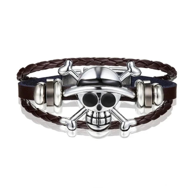 Bracelet en Cuir One Piece Jolly Roger Marron