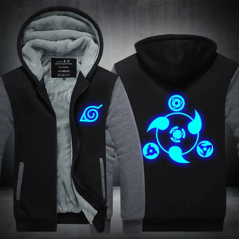 Veste Blouson Polaire Naruto Sharingan Fluorescent Noir Gris