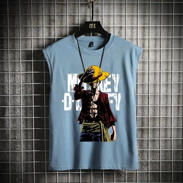 T-Shirt Sans Manches One Piece Luffy Bleu