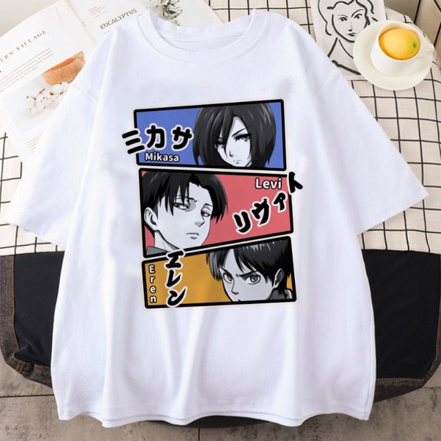 T-Shirt Maglietta L'Attacco dei Giganti Eren, Levi & Mikasa