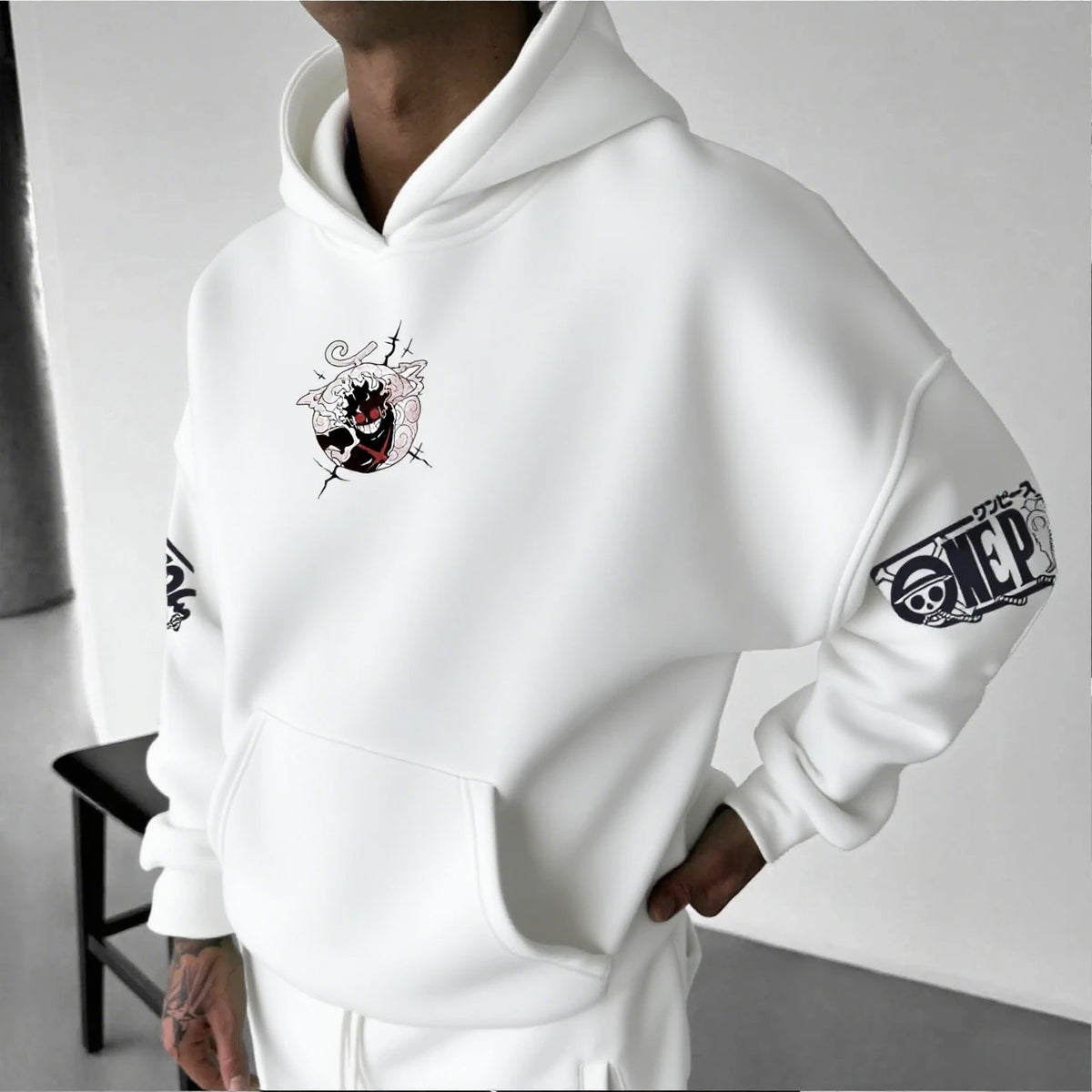 Sweatshirt à Capuche Imprimé One Piece Luffy Gear 5 Blanc