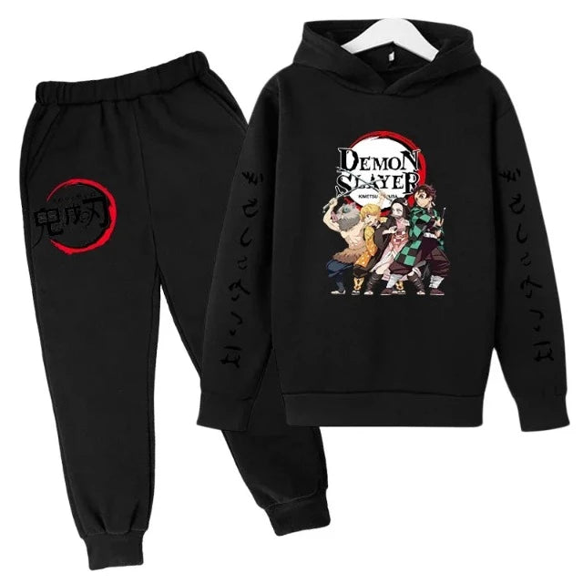 Completo di felpa e pantaloni per bambini Demon Slayer nero