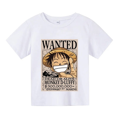 T-Shirt Enfant One Piece Luffy Wanted Fille Garçon BLANC