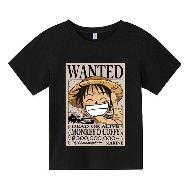 T-Shirt Enfant One Piece Luffy Wanted Fille Garçon NOIR