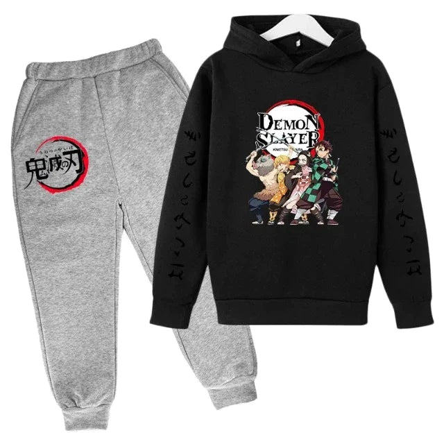 Set felpa e pantaloni per bambini Demon Slayer nero e grigio