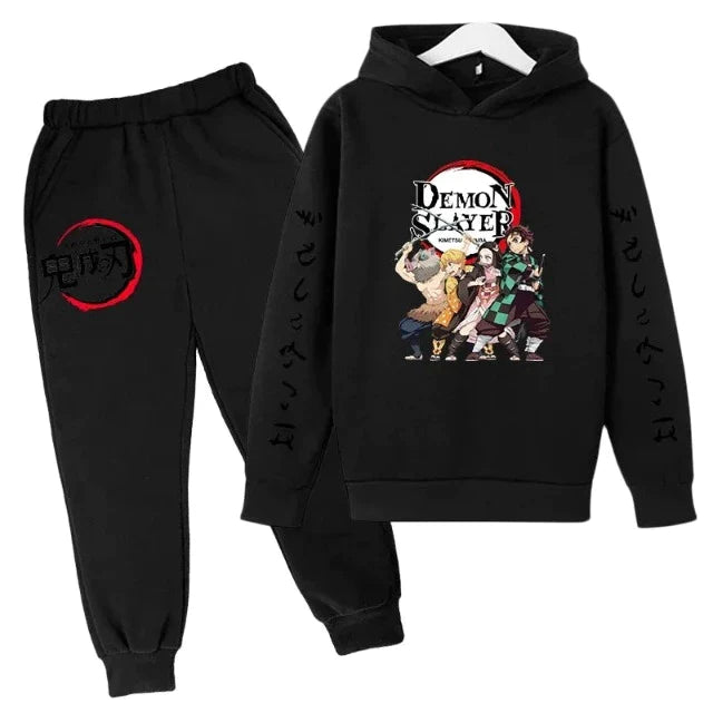 Completo di felpa e pantaloni per bambini Demon Slayer nero