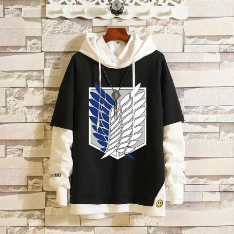 Sweatshirt Ailes de la Liberté A Capuche Adulte Homme Femme Longues Manches Manga Attaque Des Titans noir blanc