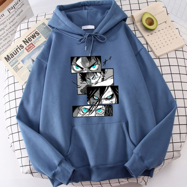 Sweat A Capuche Eren Jaeger Attack on Titan Adulte Homme Femme Longues Manches Manga AOT bleu