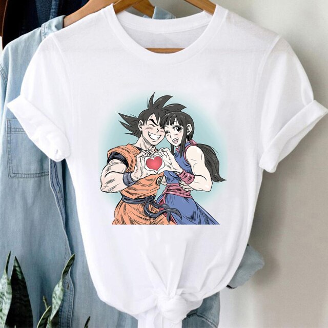 Chichi &amp; Goku Dragon Ball flocado camiseta adultos hombres mujeres manga corta