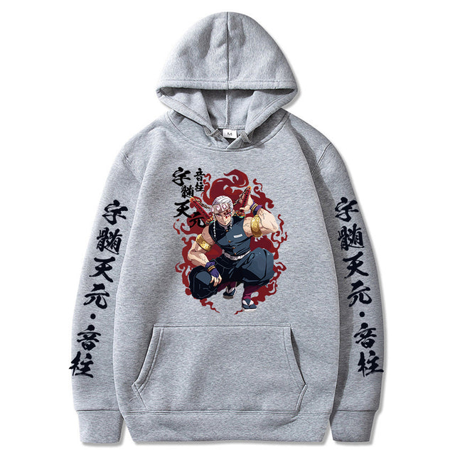 Sweat à Capuche Demon Slayer Tengen Adulte Homme Femme Manches Longues gris